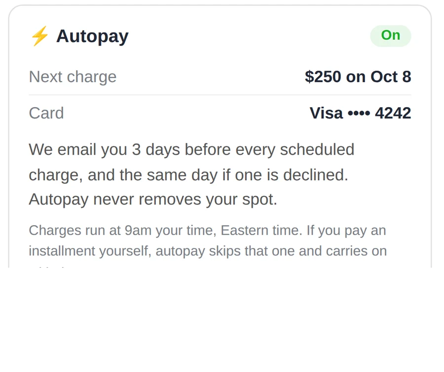 Autopay card — next charge $250 on Oct 8, Visa ····4242, update card or turn off