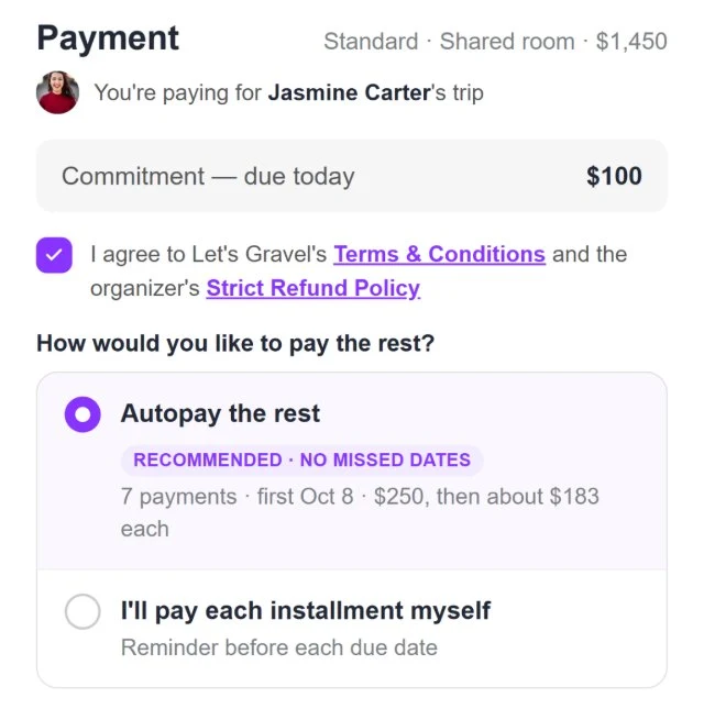 Let's Gravel payment sheet — Commitment due today $100, autopay the rest