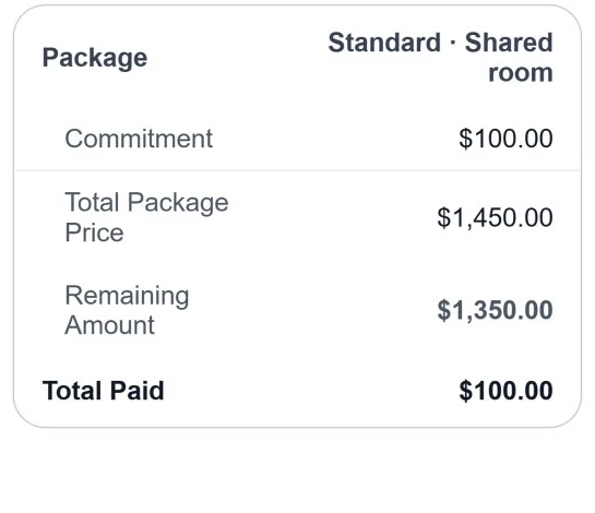 Payment breakdown from a Let's Gravel receipt — package, commitment, total paid